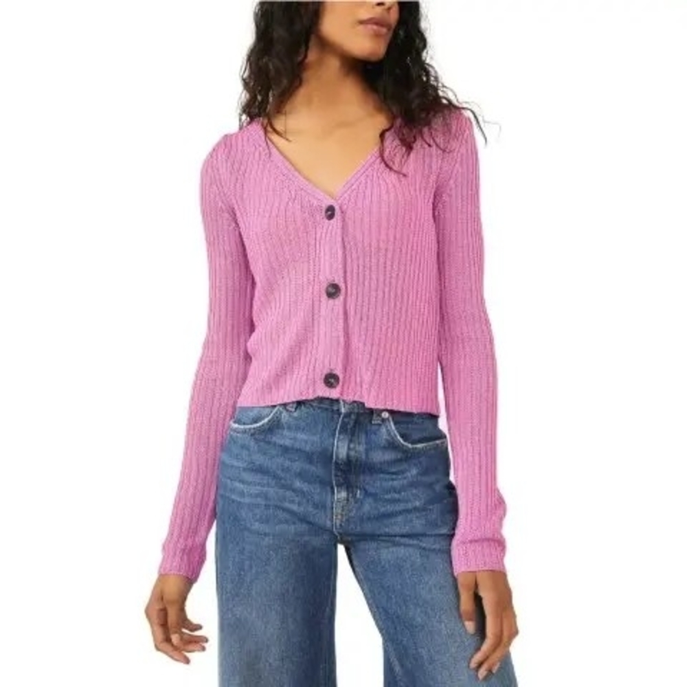 Pink Ribbed Button-Up Women's Sweater